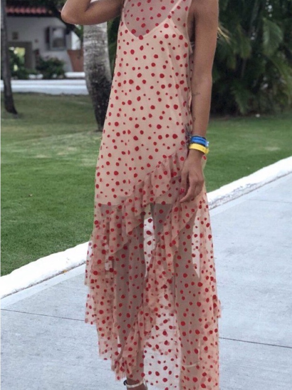 Zara Trafaluca long nude mesh red polka dot sheer ruffled maxi dress
